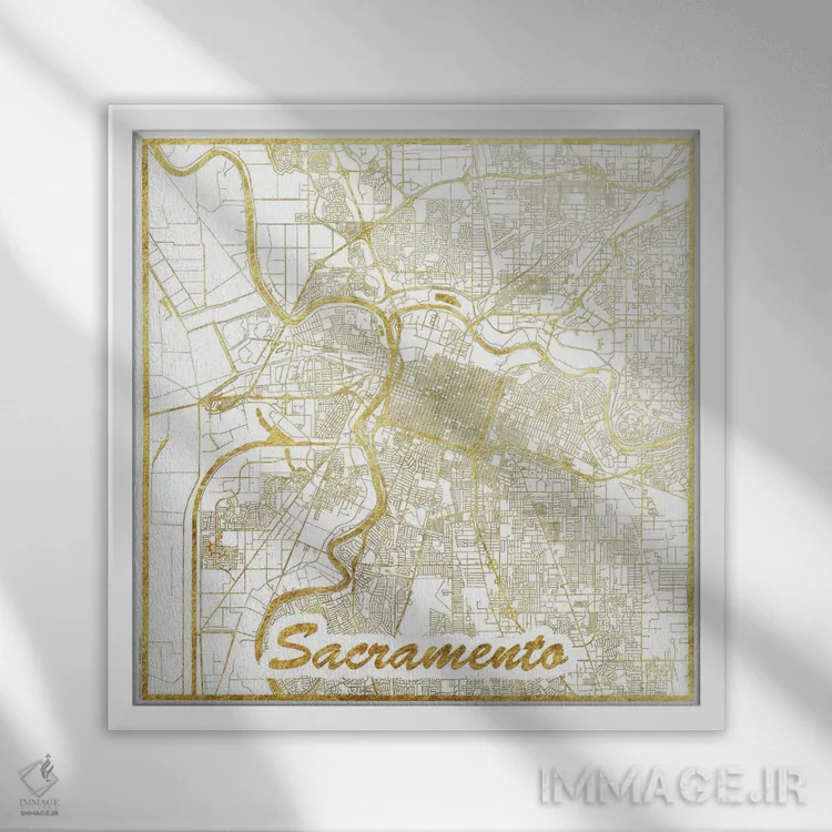 تابلو نقشه طرح شهری با برگ طلا ساکرامنتو اثر هوبرت روگوسکی - نمای قابدار سفید