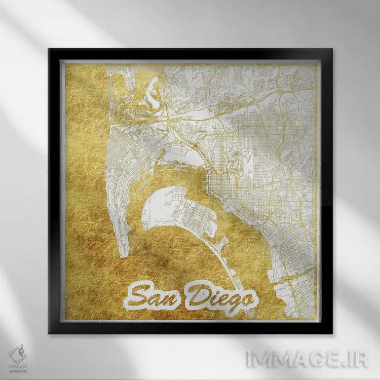تابلو نقشه طرح شهری با برگ طلا سن دیگو اثر هوبرت روگوسکی - نمای قابدار مشکی