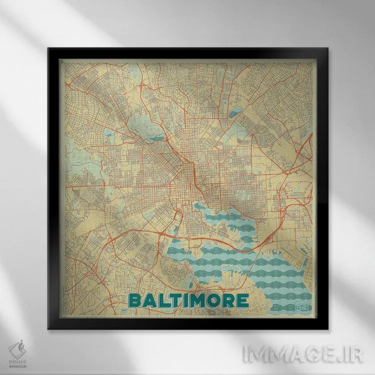 تابلو نقشه طرح شهری رترو بالتیمور اثر هوبرت روگوسکی - نمای قابدار مشکی