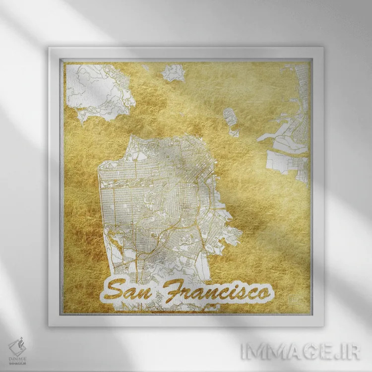 تابلو نقشه طرح شهری با برگ طلا سان فرانسیسکو اثر هوبرت روگوسکی - نمای قابدار سفید