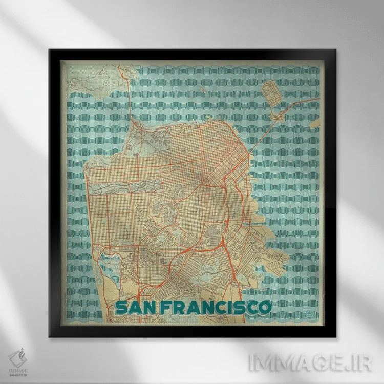 تابلو نقشه طرح شهری رترو سان فرانسیسکو اثر هوبرت روگوسکی - نمای قابدار مشکی