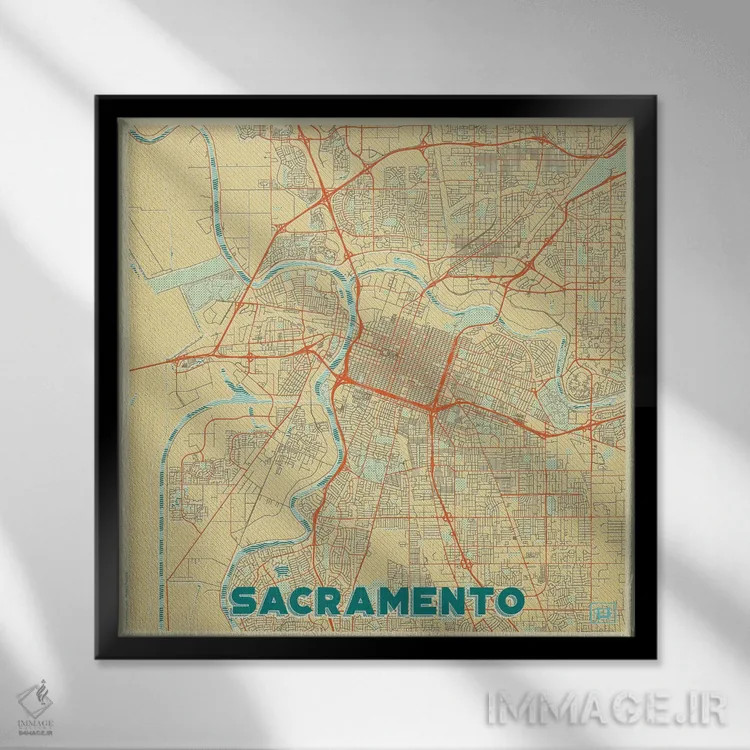تابلو نقشه طرح شهری رترو ساکرامنتو اثر هوبرت روگوسکی - نمای قابدار مشکی