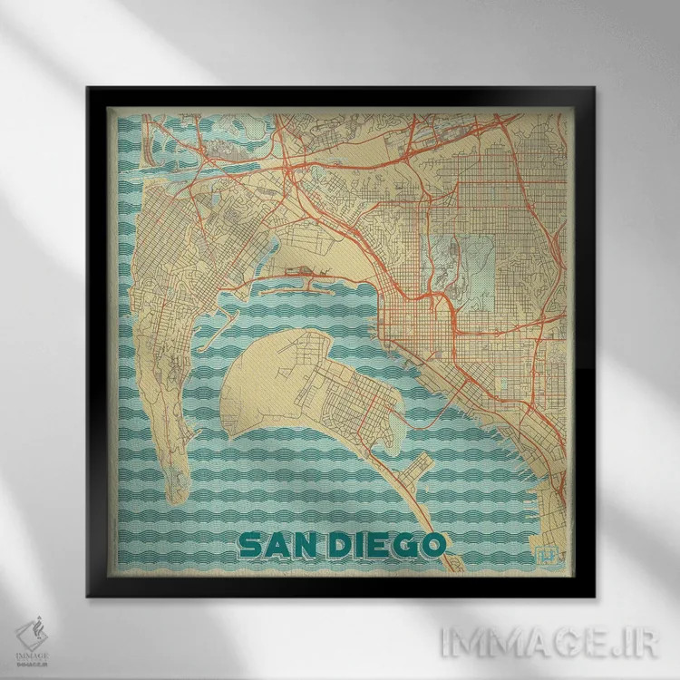 تابلو نقشه طرح شهری رترو سن دیگو اثر هوبرت روگوسکی - نمای قابدار مشکی