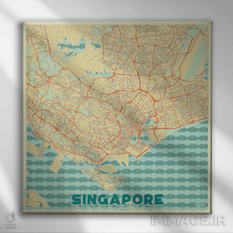 تابلو نقشه طرح شهری رترو سنگاپور اثر هوبرت روگوسکی - نمای روبهرو روی دیوار