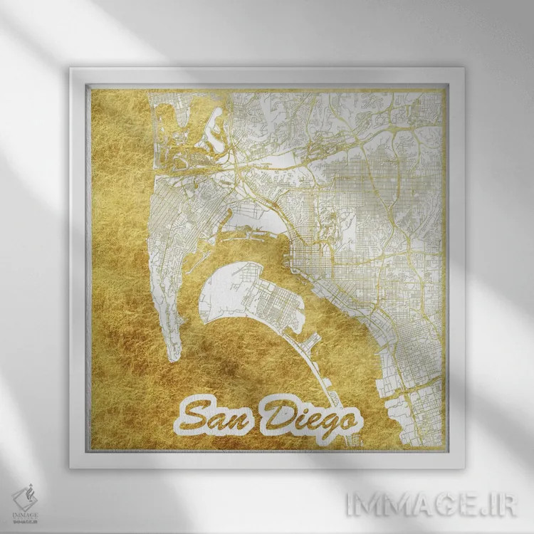تابلو نقشه طرح شهری با برگ طلا سن دیگو اثر هوبرت روگوسکی - نمای قابدار سفید