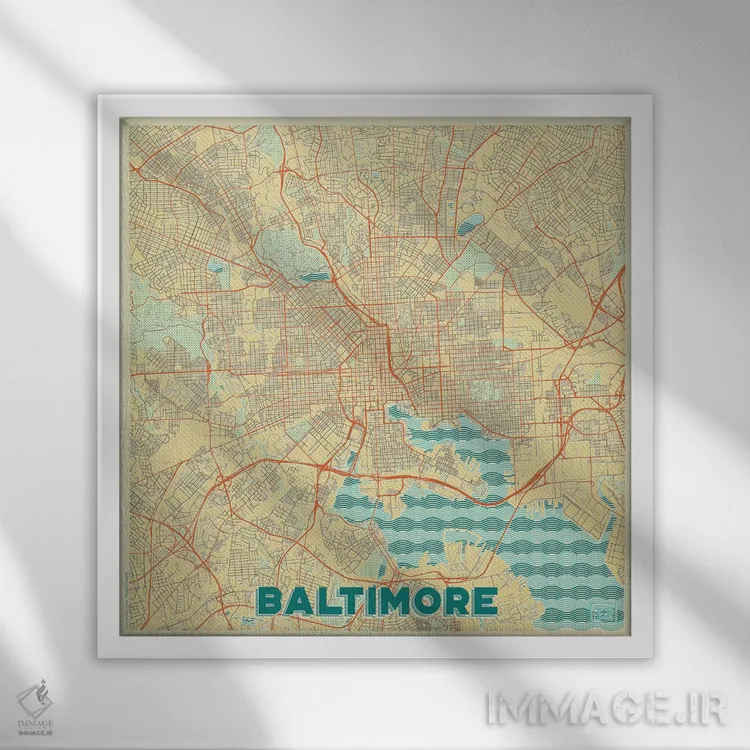تابلو نقشه طرح شهری رترو بالتیمور اثر هوبرت روگوسکی - نمای قابدار سفید