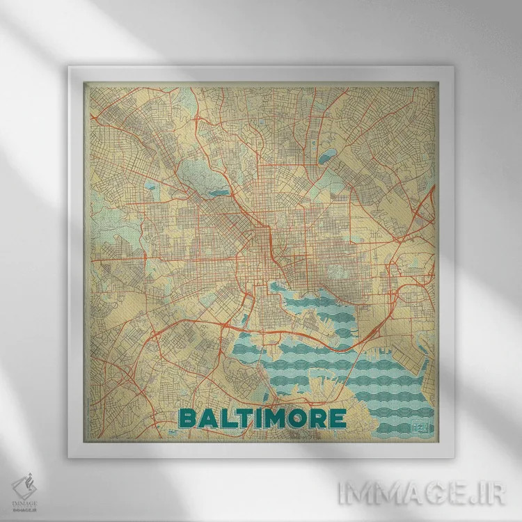 تابلو نقشه طرح شهری رترو بالتیمور اثر هوبرت روگوسکی - نمای قابدار سفید