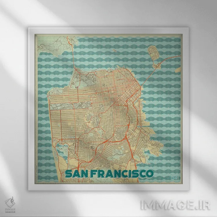 تابلو نقشه طرح شهری رترو سان فرانسیسکو اثر هوبرت روگوسکی - نمای قابدار سفید