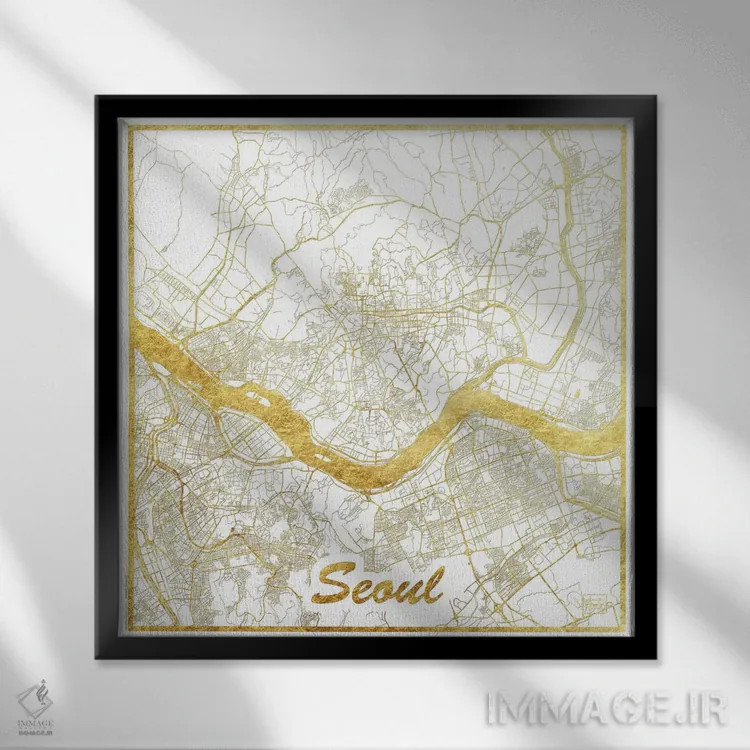 تابلو نقشه طرح شهری با برگ طلا سئول اثر هوبرت روگوسکی - نمای قابدار مشکی