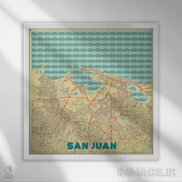 تابلو نقشه طرح شهری رترو سن خوآن اثر هوبرت روگوسکی - نمای قابدار سفید