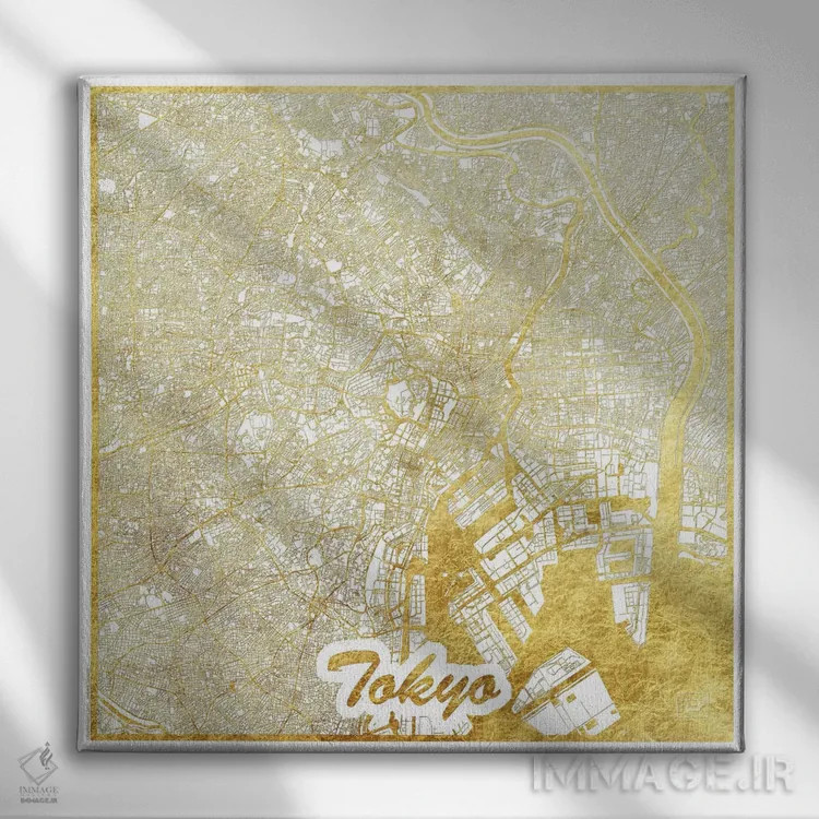 تابلو نقشه طرح شهری با برگ طلا توکیو اثر هوبرت روگوسکی - نمای روبهرو روی دیوار