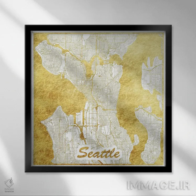 تابلو نقشه طرح شهری با برگ طلا سیاتل اثر هوبرت روگوسکی - نمای قابدار مشکی