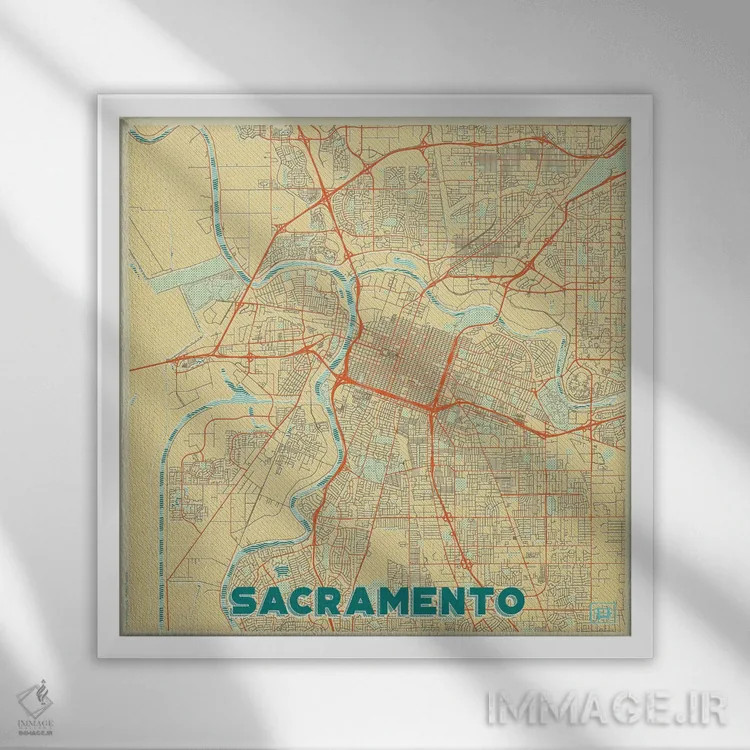 تابلو نقشه طرح شهری رترو ساکرامنتو اثر هوبرت روگوسکی - نمای قابدار سفید
