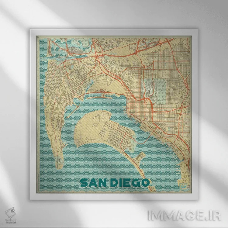 تابلو نقشه طرح شهری رترو سن دیگو اثر هوبرت روگوسکی - نمای قابدار سفید