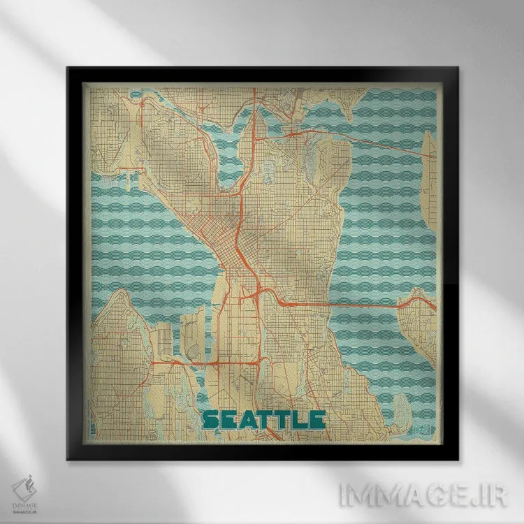 تابلو نقشه طرح شهری رترو سیاتل اثر هوبرت روگوسکی - نمای قابدار مشکی