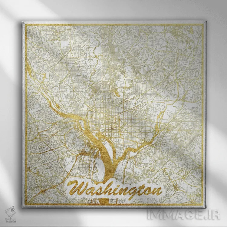 تابلو D.C. Gold Leaf Urban Blueprint Map,نقشه طرح شهری با برگ طلا واشینگتن دیسی اثر هوبرت روگوسکی - نمای روبهرو روی دیوار