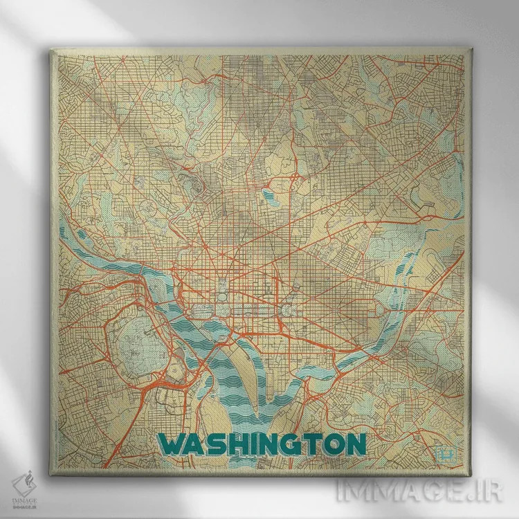 تابلو D.C. Retro Urban Blueprint Map,نقشه طرح شهری رترو واشینگتن دیسی اثر هوبرت روگوسکی - نمای روبهرو روی دیوار