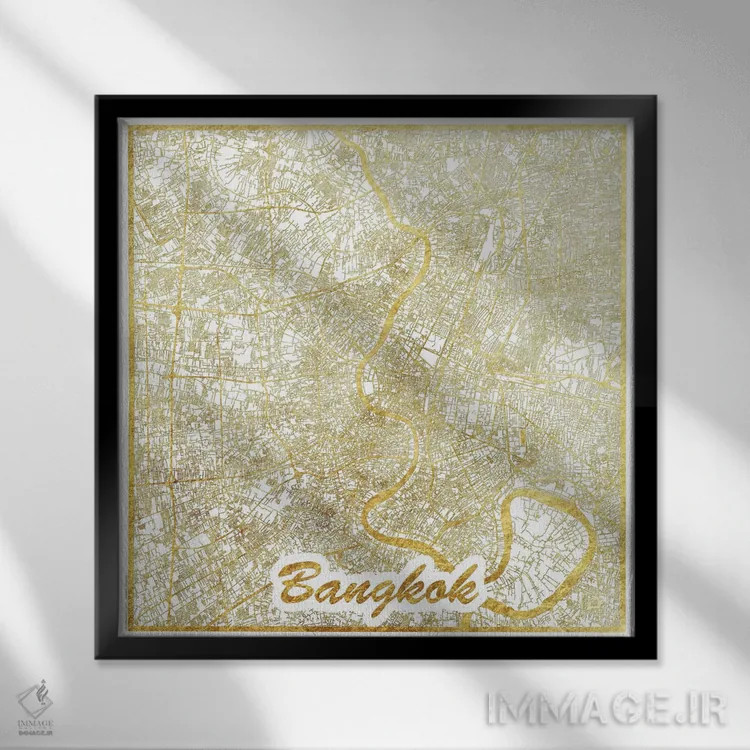 تابلو نقشه طرح شهری با برگ طلا بانکوک اثر هوبرت روگوسکی - نمای قابدار مشکی