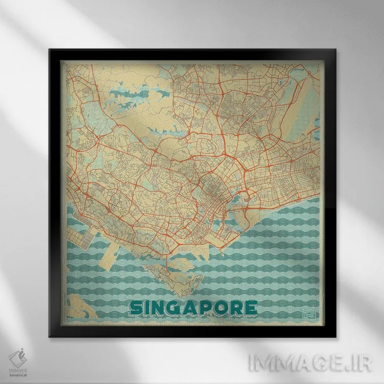 تابلو نقشه طرح شهری رترو سنگاپور اثر هوبرت روگوسکی - نمای قابدار مشکی