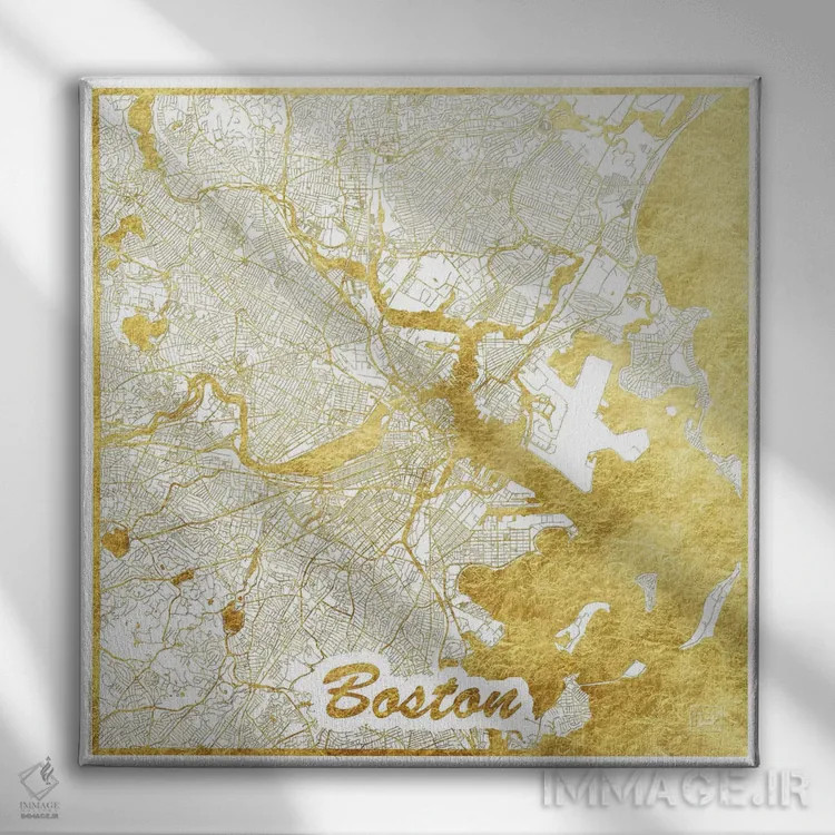تابلو نقشه طرح شهری با برگ طلا بوستون اثر هوبرت روگوسکی - نمای روبهرو روی دیوار