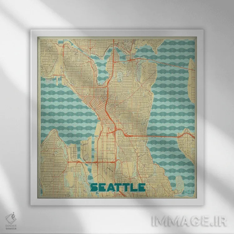 تابلو نقشه طرح شهری رترو سیاتل اثر هوبرت روگوسکی - نمای قابدار سفید