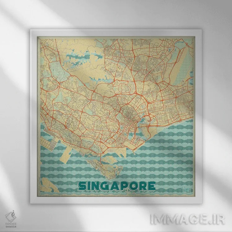 تابلو نقشه طرح شهری رترو سنگاپور اثر هوبرت روگوسکی - نمای قابدار سفید