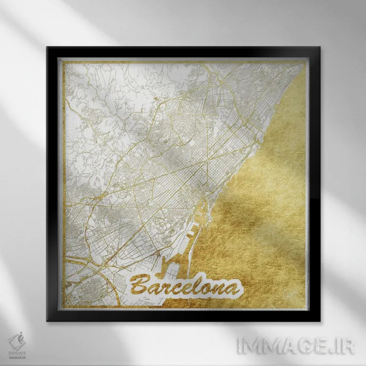 تابلو نقشه طرح شهری با برگ طلا بارسلونا اثر هوبرت روگوسکی - نمای قابدار مشکی