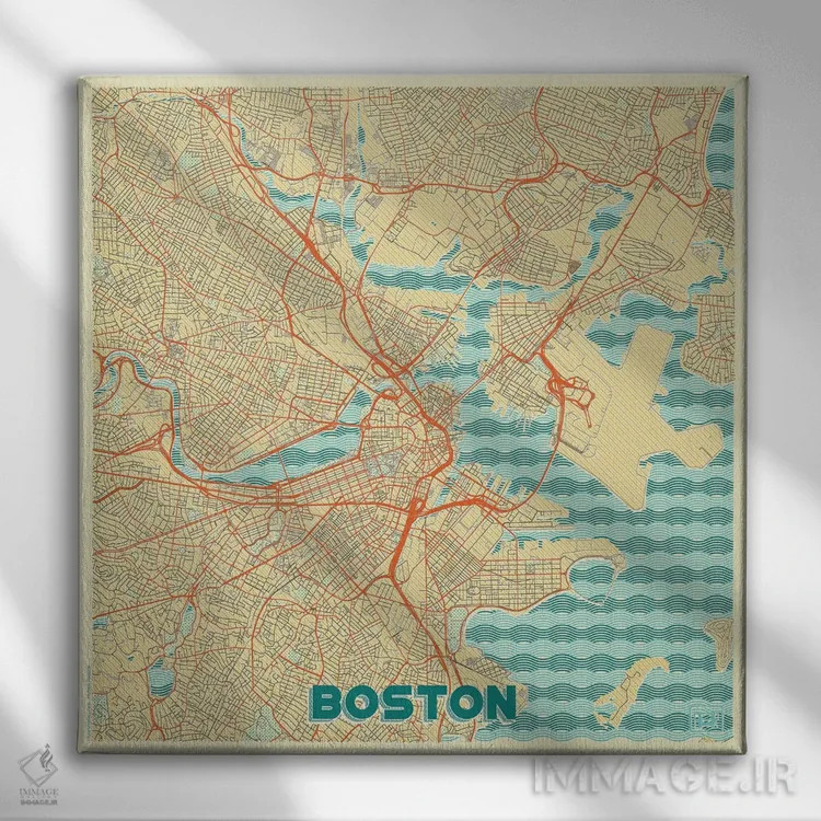 تابلو نقشه طرح شهری رترو بوستون اثر هوبرت روگوسکی - نمای روبهرو روی دیوار