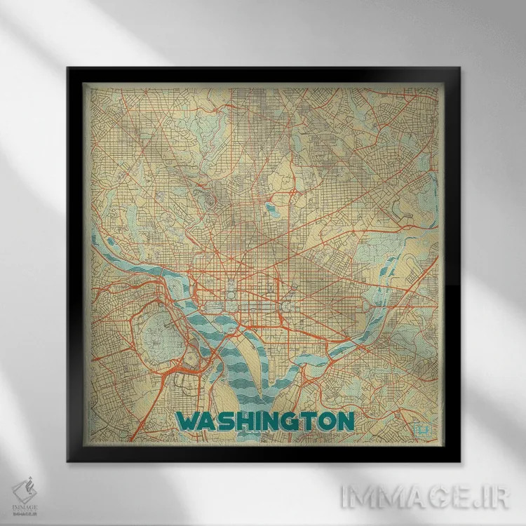 تابلو D.C. Retro Urban Blueprint Map,نقشه طرح شهری رترو واشینگتن دیسی اثر هوبرت روگوسکی - نمای قابدار مشکی