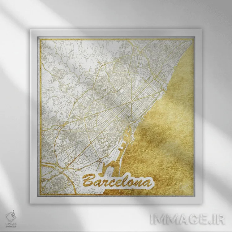 تابلو نقشه طرح شهری با برگ طلا بارسلونا اثر هوبرت روگوسکی - نمای قابدار سفید