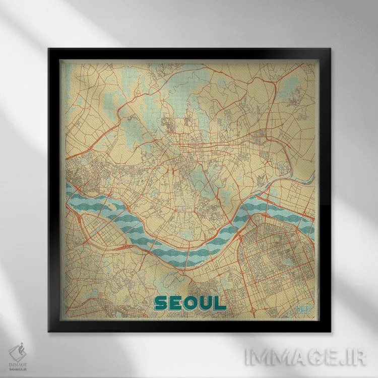 تابلو نقشه طرح شهری رترو سئول اثر هوبرت روگوسکی - نمای قابدار مشکی