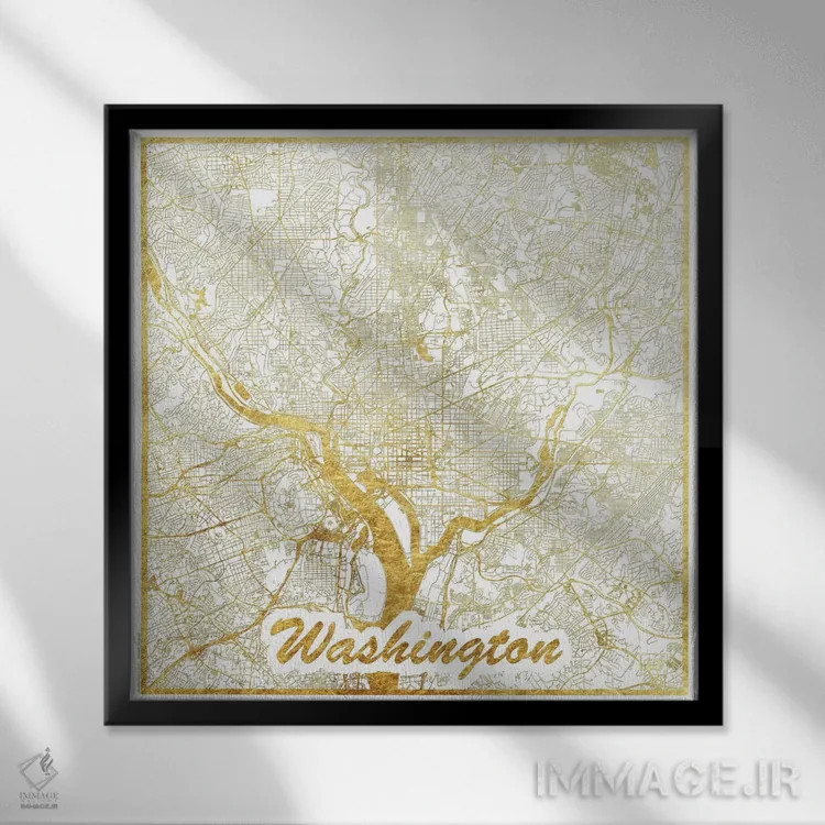 تابلو D.C. Gold Leaf Urban Blueprint Map,نقشه طرح شهری با برگ طلا واشینگتن دیسی اثر هوبرت روگوسکی - نمای قابدار مشکی