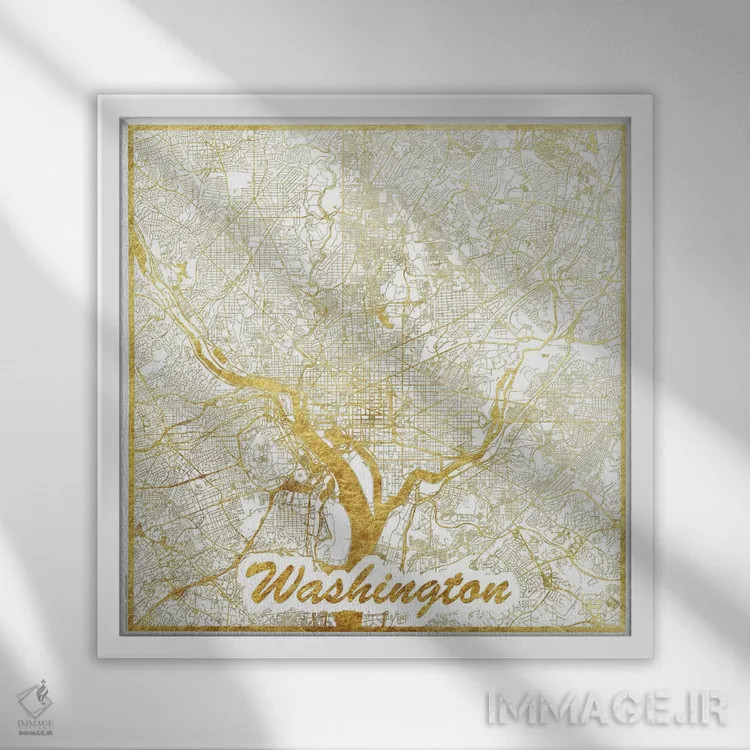 تابلو D.C. Gold Leaf Urban Blueprint Map,نقشه طرح شهری با برگ طلا واشینگتن دیسی اثر هوبرت روگوسکی - نمای قابدار سفید