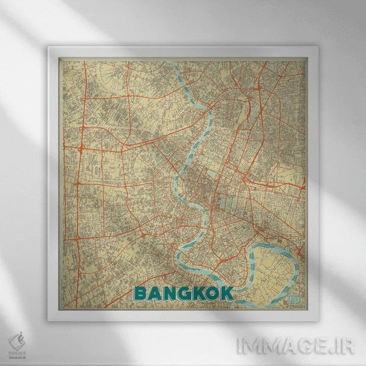 تابلو نقشه طرح شهری رترو بانکوک اثر هوبرت روگوسکی - نمای قابدار سفید