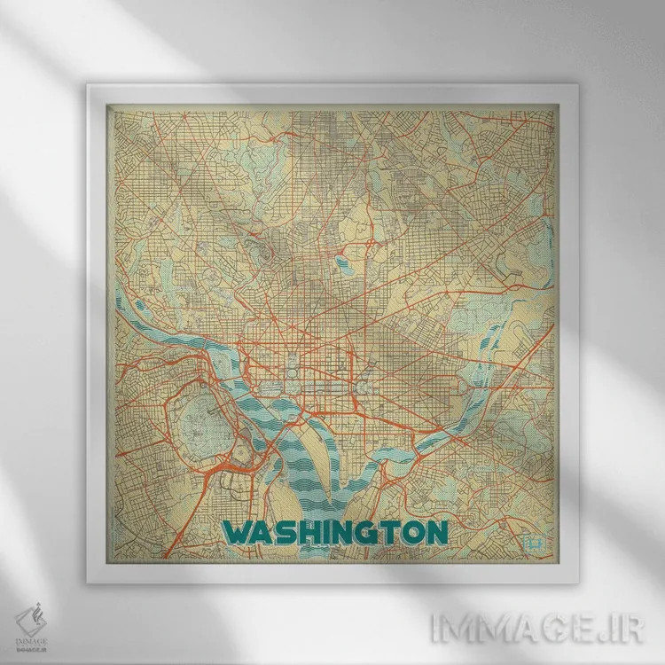 تابلو D.C. Retro Urban Blueprint Map,نقشه طرح شهری رترو واشینگتن دیسی اثر هوبرت روگوسکی - نمای قابدار سفید