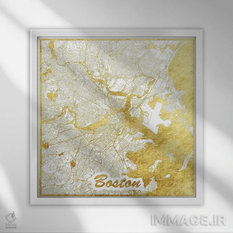 تابلو نقشه طرح شهری با برگ طلا بوستون اثر هوبرت روگوسکی - نمای قابدار سفید
