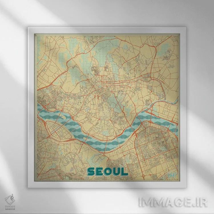 تابلو نقشه طرح شهری رترو سئول اثر هوبرت روگوسکی - نمای قابدار سفید
