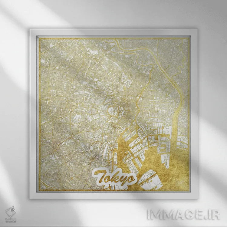 تابلو نقشه طرح شهری با برگ طلا توکیو اثر هوبرت روگوسکی - نمای قابدار سفید