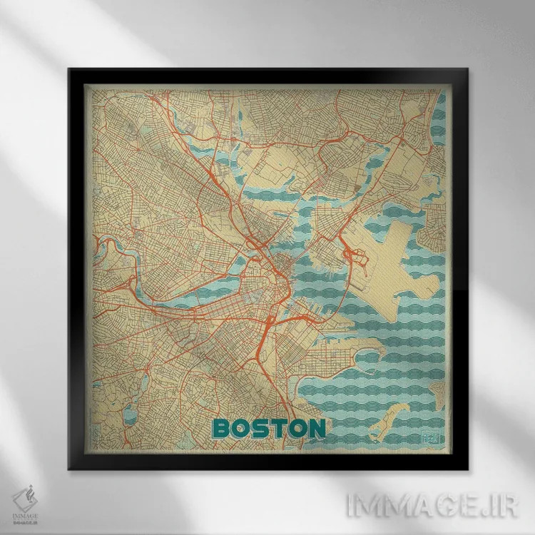 تابلو نقشه طرح شهری رترو بوستون اثر هوبرت روگوسکی - نمای قابدار مشکی