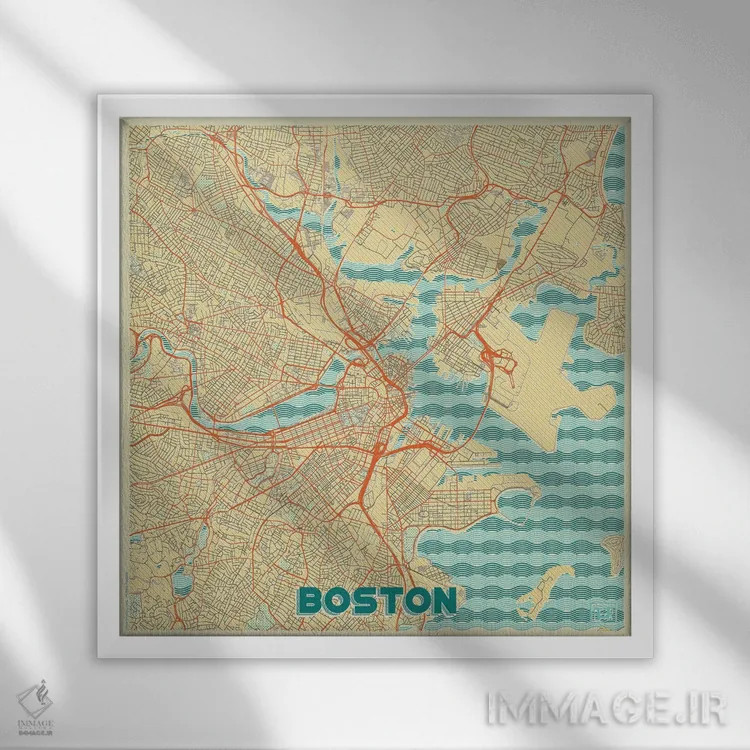 تابلو نقشه طرح شهری رترو بوستون اثر هوبرت روگوسکی - نمای قابدار سفید