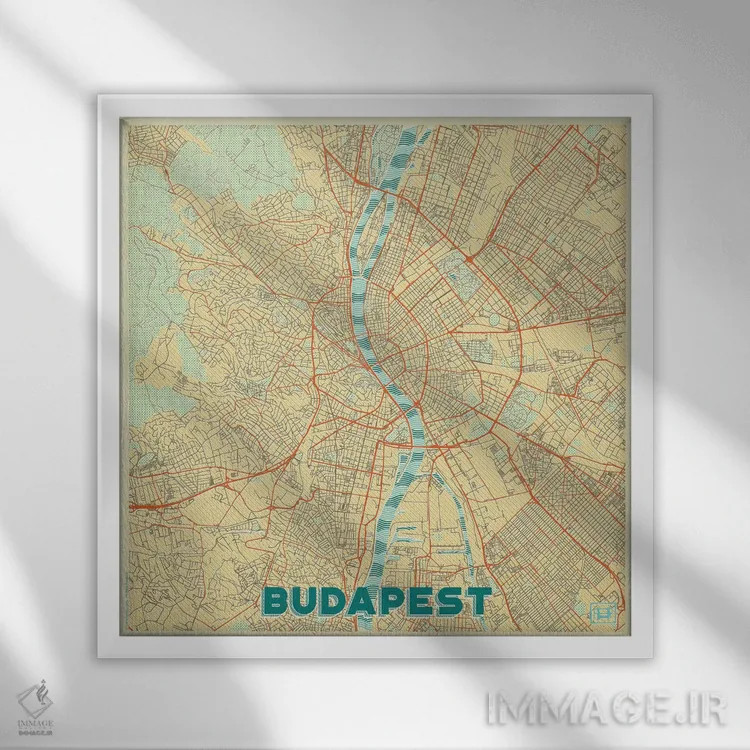 تابلو نقشه طرح شهری رترو بوداپست اثر هوبرت روگوسکی - نمای قابدار سفید