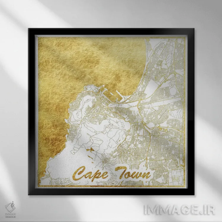 تابلو نقشه طرح شهری با برگ طلا کیپتاون اثر هوبرت روگوسکی - نمای قابدار مشکی