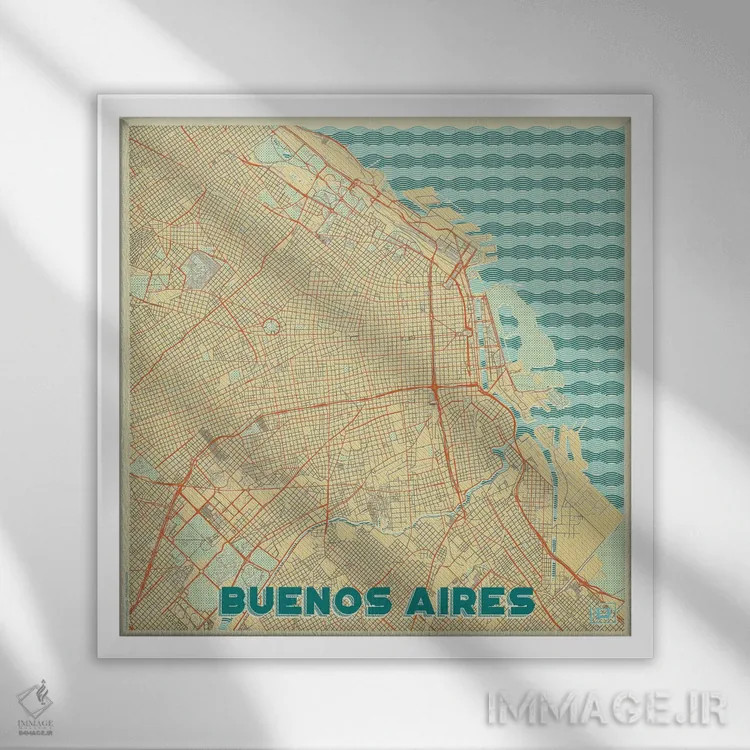 تابلو نقشه طرح شهری رترو بوئنوس آیرس اثر هوبرت روگوسکی - نمای قابدار سفید