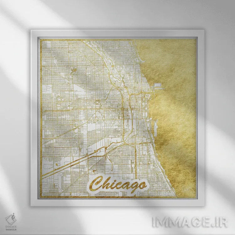 تابلو نقشه طرح شهری برگ طلایی شیکاگو اثر هوبرت روگوسکی - نمای قابدار سفید