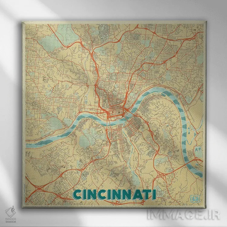 تابلو نقشه طرح شهری رترو سینسیناتی اثر هوبرت روگوسکی - نمای روبهرو روی دیوار