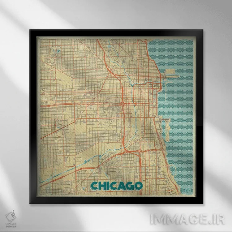 تابلو نقشه طرح شهری رترو شیکاگو اثر هوبرت روگوسکی - نمای قابدار مشکی