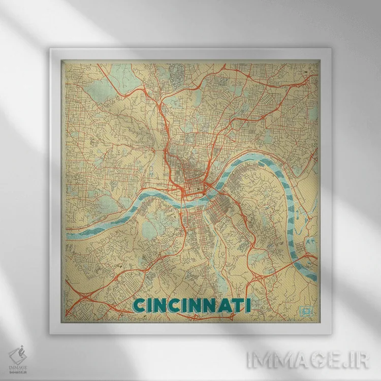 تابلو نقشه طرح شهری رترو سینسیناتی اثر هوبرت روگوسکی - نمای قابدار سفید