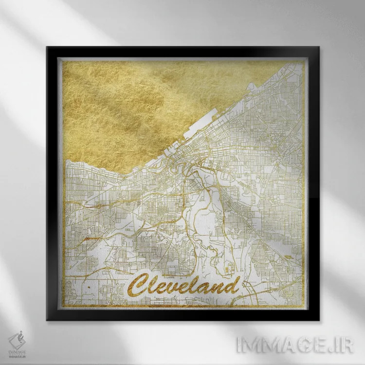 تابلو نقشه طرح شهری برگ طلایی کلیولند اثر هوبرت روگوسکی - نمای قابدار مشکی