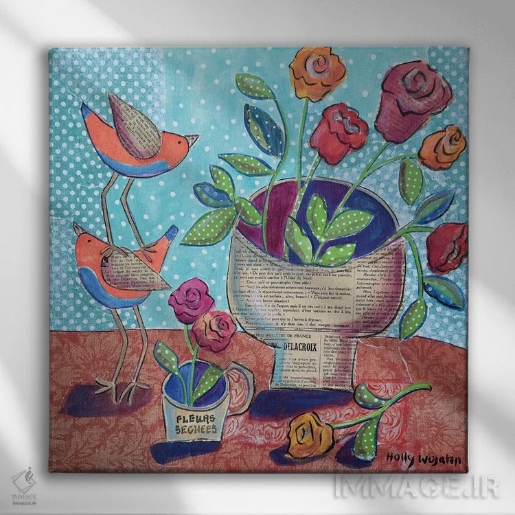 تابلو گلها و پرندگان چیدهشده اثر هالی وُجاهن - نمای روبهرو روی دیوار