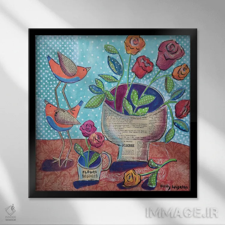 تابلو گلها و پرندگان چیدهشده اثر هالی وُجاهن - نمای قابدار مشکی